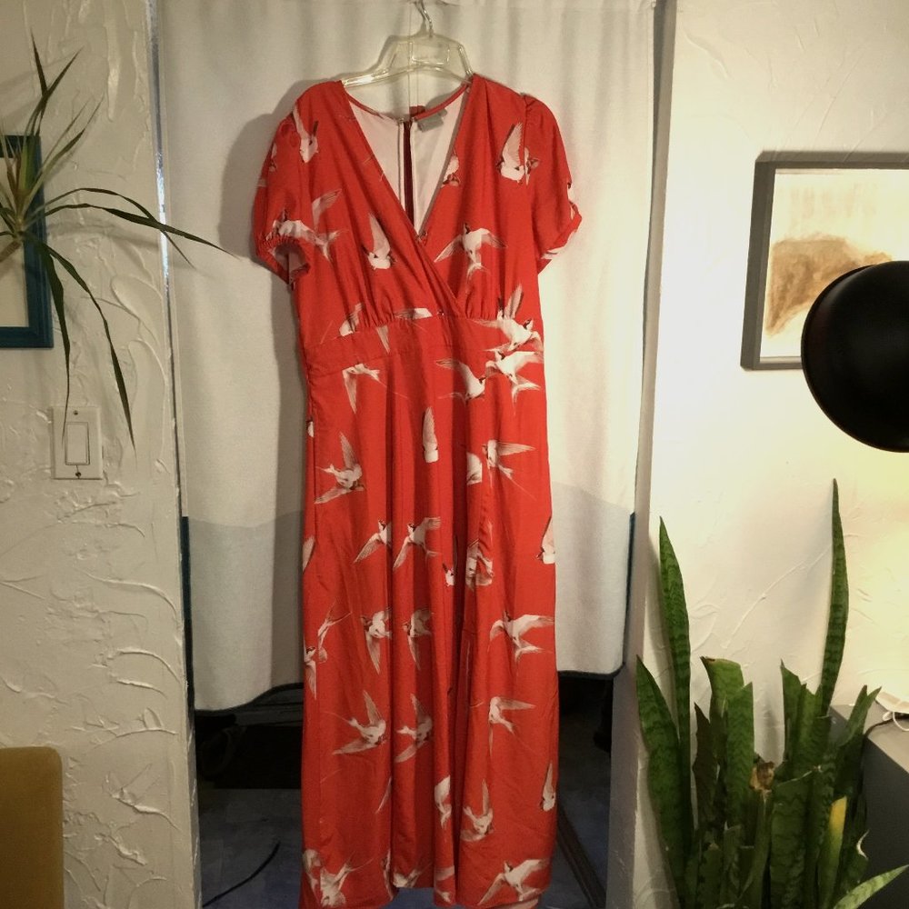 eShakti Bird Print Crepe Surplice Pockets Red V-neck Maxi Dress 16 XL